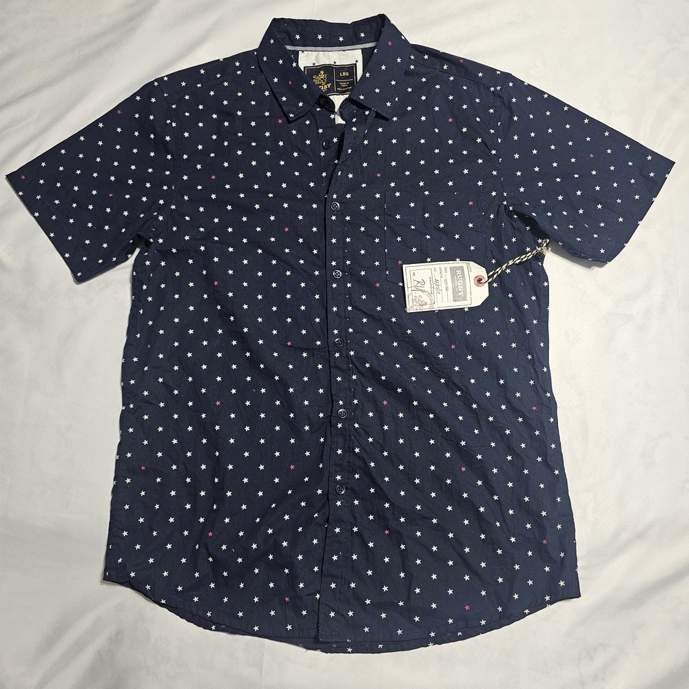 Rugby University Mens Large Navy Blue Star Print Short Sleeve Button Down Shirt